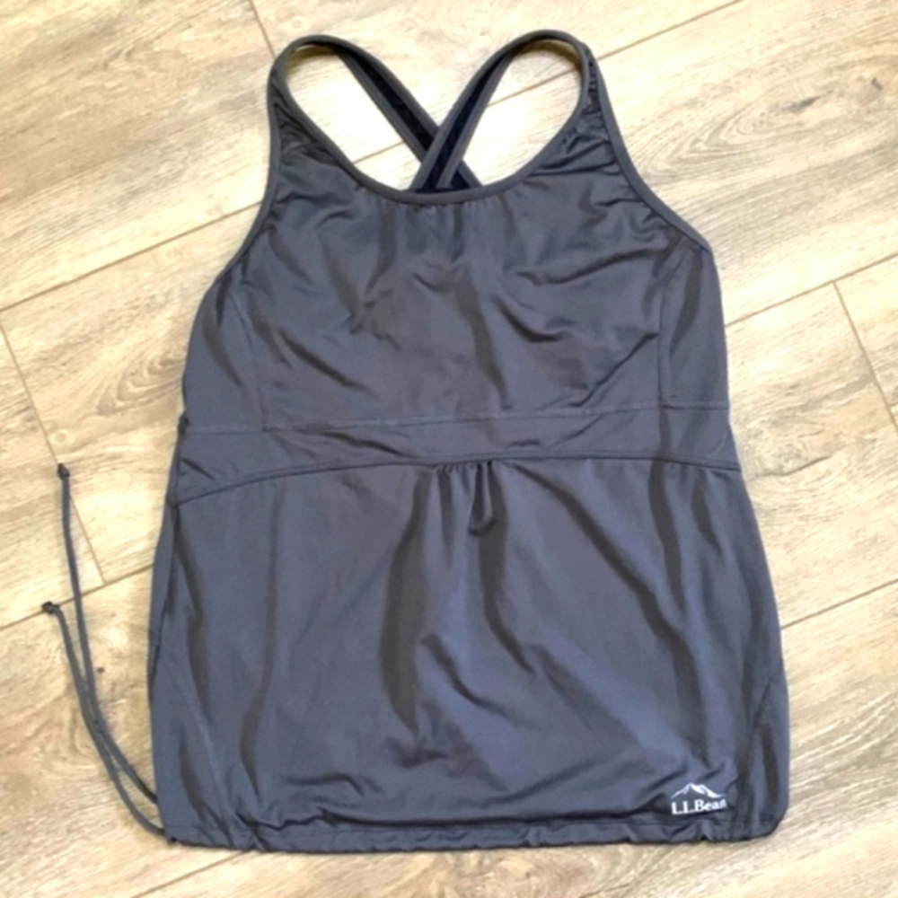 L.L. Bean Tankini tank top dark gray size Medium cross back shelf bra EUC
